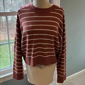 T Tahari Striped Crew Neck Sweater - Brick Red and Cream